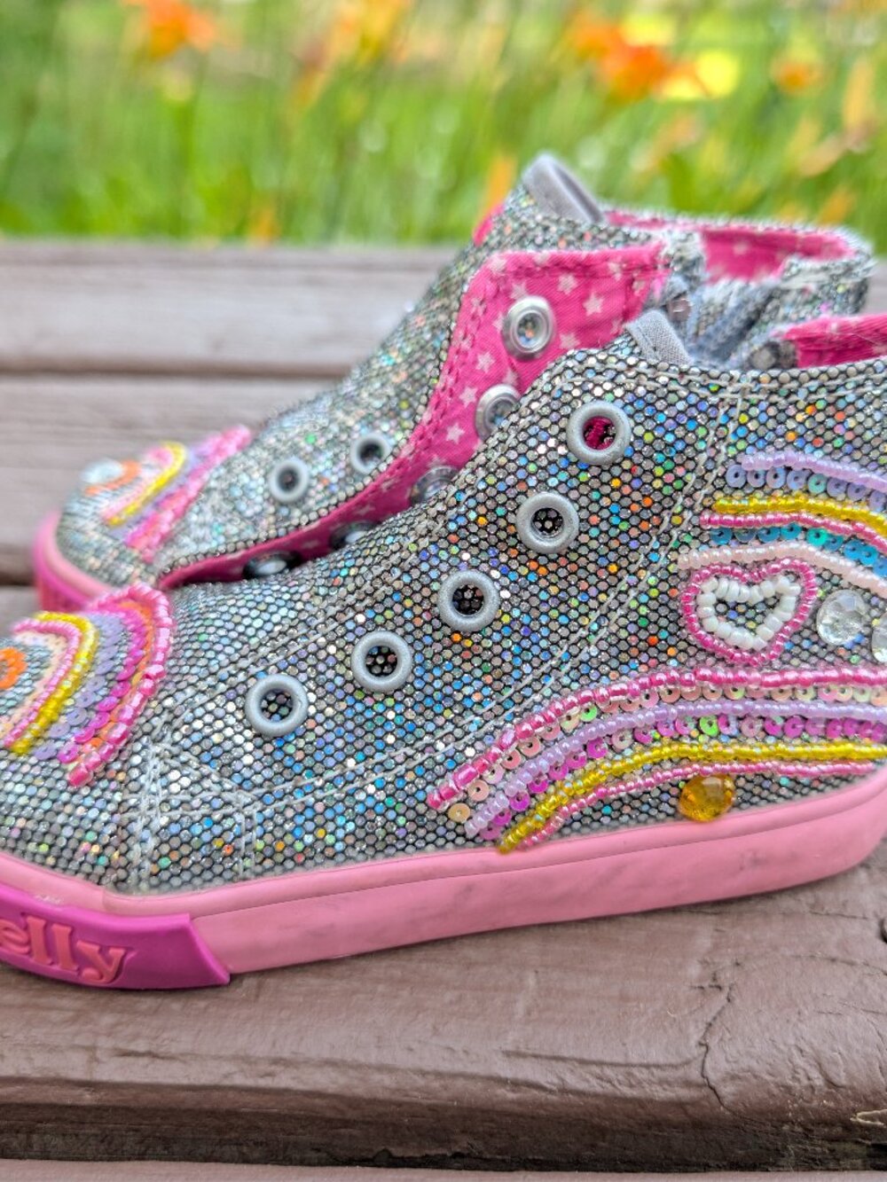 Kids Lelli Kelly Rainbow Sequin High-Top Sneakers Rainbows and Hearts Sz. 24/7.5